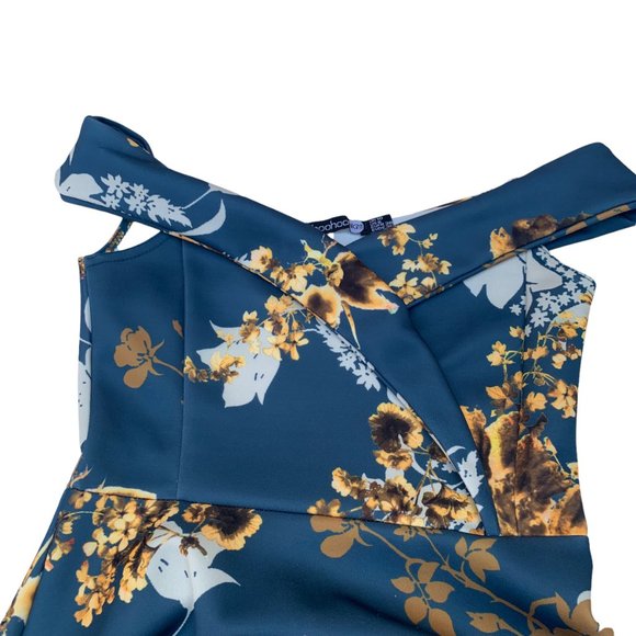 Boohoo Night Womens Teal Gold Floral Off Shoulder Fit And Flare Dress size 6 - Picture 7 of 13